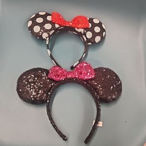 2 Pairs Of Disney Minnie Mouse Sequin Ears Headbands Polka Dot Red Bow + Pink